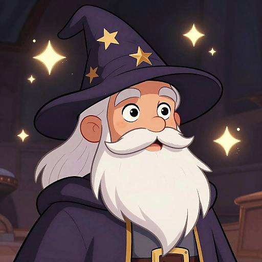 Digital cartoon of a wide-eyed, elderly wizard with a white beard, black hat with yellow stars, and dark robe, surrounded by glowing sparkles in