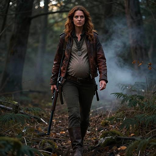 Photograph of a determined, long-haired woman with wavy brown hair, wearing a brown leather jacket and green pants, holding a gun in a mist