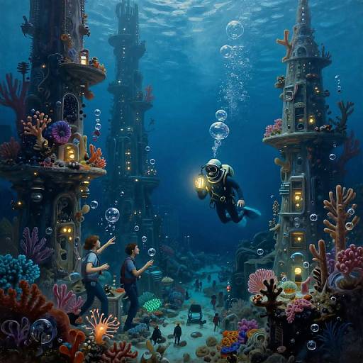 Photorealistic Underwater Cityscape with Diver
