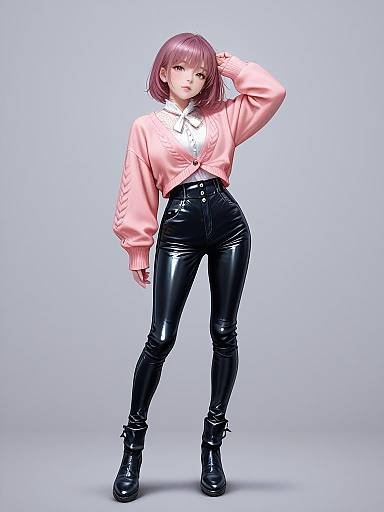 Modern Chic Woman in Pink Cardigan and Leather Pants