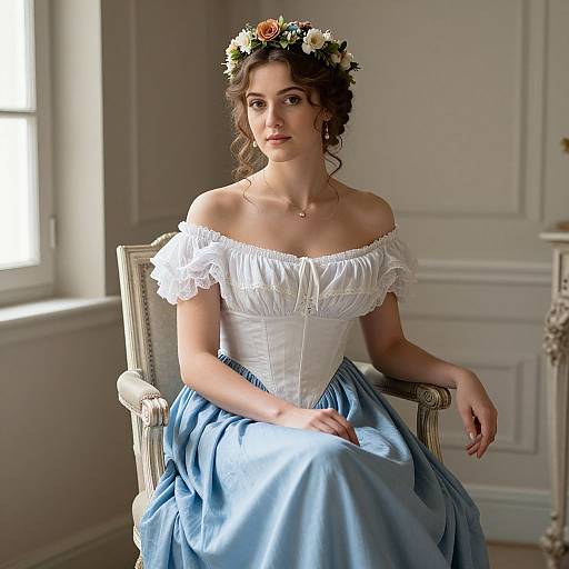 Photograph of a young woman with fair skin and dark curly hair, wearing a white off-shoulder dress, light blue skirt, flower crown,