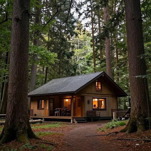 Photograph of a cozy, wooden cabin with warm interior lights, nestled among tall redwood trees in a serene forest clearing.