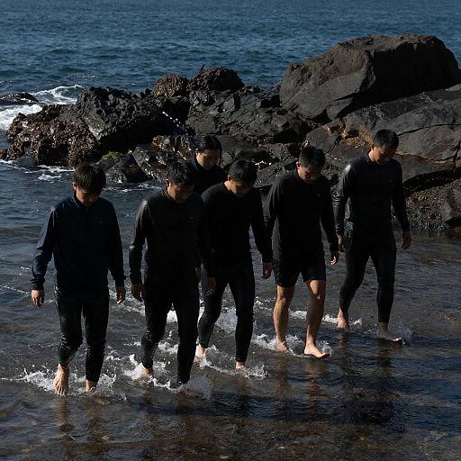 Sunlit Group Walking Rocky Shoreline