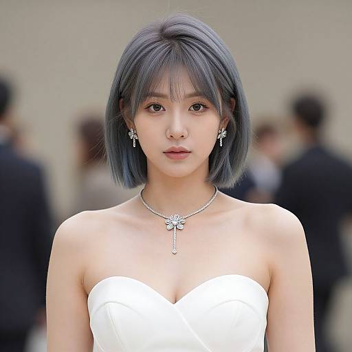 Photograph of an Asian woman with short, sleek black hair, wearing a strapless white dress, silver necklace, and earrings, standing in a blurred