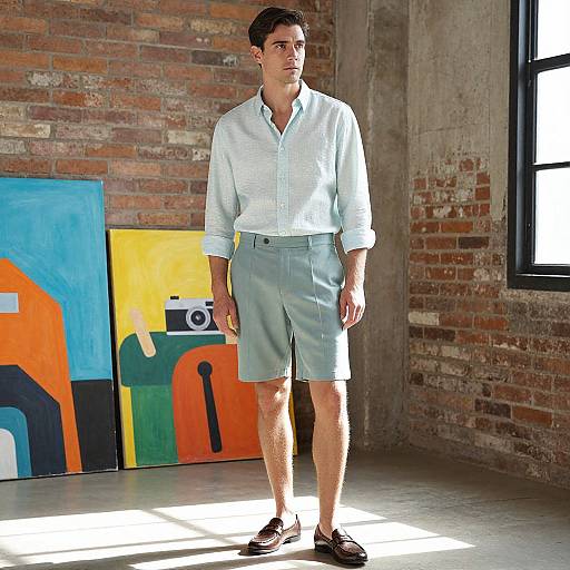 Photograph of a young man with short dark hair, wearing a light blue shirt, gray shorts, and black loafers, standing in an art studio