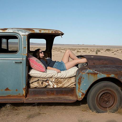 Photograph of a woman with dark hair, sunglasses, blue polka dot top, denim shorts, lounging on a cushioned seat in a rust