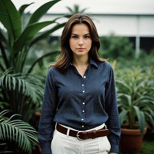 Young Woman in Blue Polka Dot Blouse with Plants
