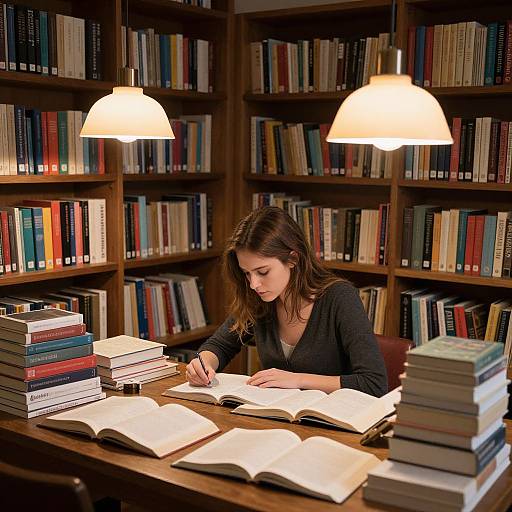 Photograph of a brunette woman in a black top, reading and writing in a well-lit library, surrounded by stacked books and bookshelves.