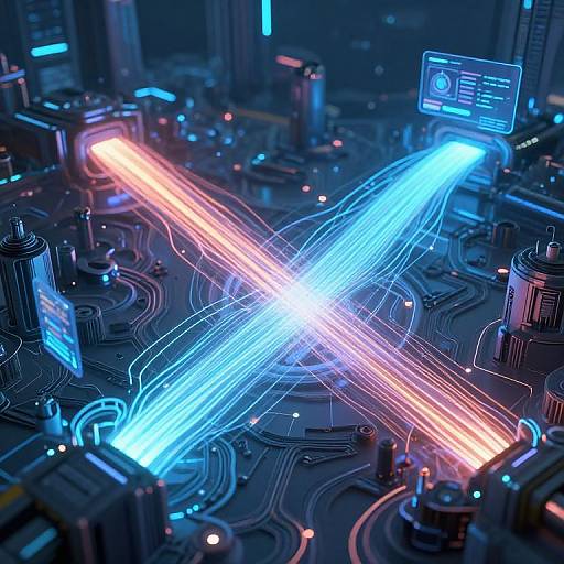 Photorealistic CGI of a futuristic control room with glowing blue and red laser lights intersecting on a circuit board.