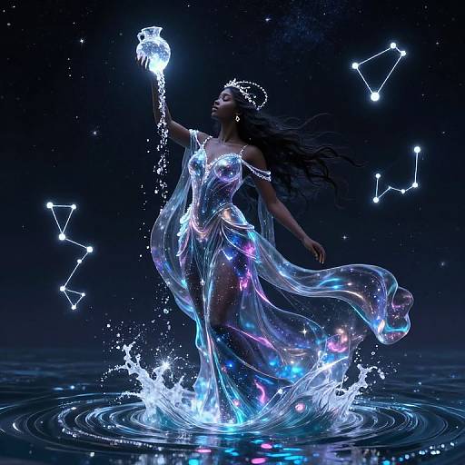 Digital art of a ethereal woman in a glowing, translucent dress, conjuring water and stars, standing on a rippling water surface at night.