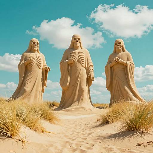 Photograph of three sandstone statues resembling skeletal monks with long robes, standing in a sandy dune landscape under a bright blue sky with white clouds.