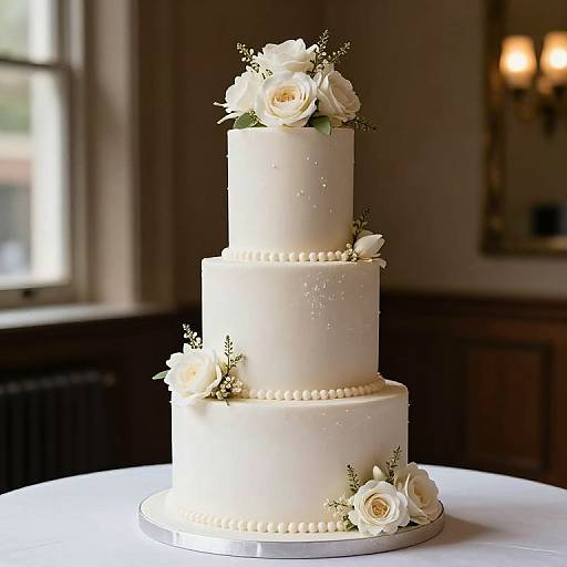 Photograph of a three-tiered white wedding cake adorned with white roses and pearl bead borders, set on a white tablecloth in a dimly lit