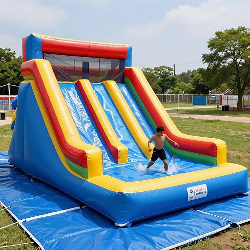 Photograph of a shirtless boy playing on a colorful inflatable water slide in an outdoor park, with blue tarp and trees in the background.