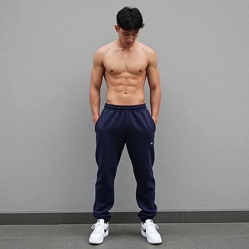 Photograph of a young, shirtless Asian man with a lean, muscular build, wearing navy pants and white sneakers, standing against a plain gray wall