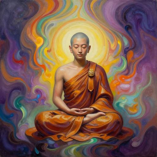 Digital painting of a serene Buddhist monk in orange robes, sitting cross-legged, with closed eyes, surrounded by vibrant, swirling, multicolored energy.