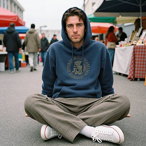 Photograph of a young man with dark hair, wearing a navy hoodie, checkered pants, and white sneakers, sitting cross-legged at an outdoor market