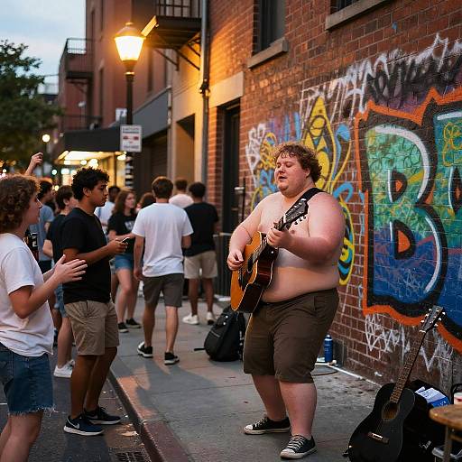 Photograph of a plus-sized, shirtless man with curly brown hair playing guitar on a graffiti-covered urban street, surrounded by casually dressed people.