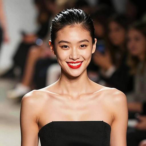 Photograph of an Asian woman with dark hair in an elegant updo, wearing a strapless black dress, smiling confidently with bright red lipstick, on