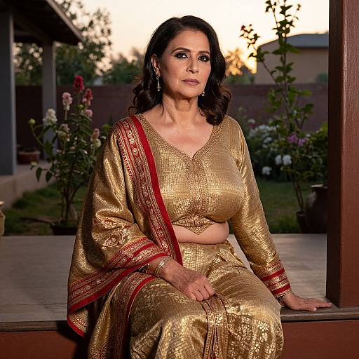 Photograph of a middle-aged South Asian woman with dark hair, wearing a gold and red traditional saree, sitting outdoors at sunset.