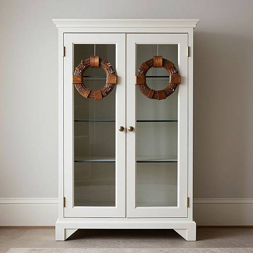 Photograph of a white wooden cabinet with glass doors, adorned with two brown woven wreaths, standing against a gray wall.