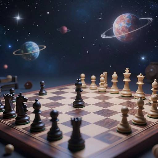Photograph of a chessboard with black and white pieces, set against a cosmic background with colorful planets and stars.