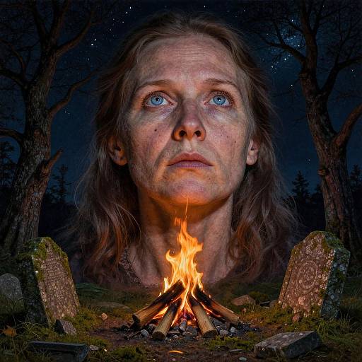 Photograph of a firelit night forest with a close-up of a woman's face with blue eyes, long brown hair, and serious expression, surrounded