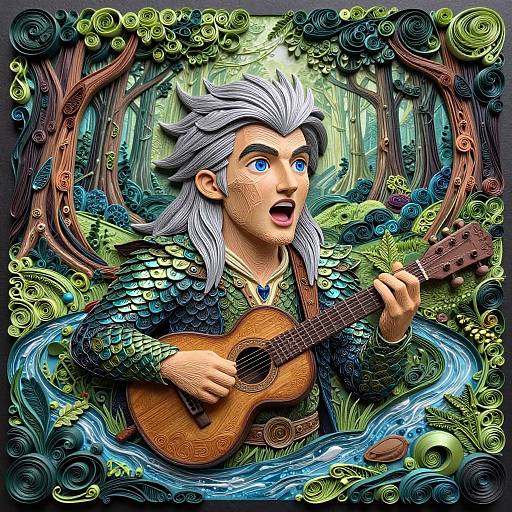 Digital art: Silver-haired, blue-eyed elf with scales playing a wooden lute in a vibrant, enchanted forest with swirling foliage and flowing water.