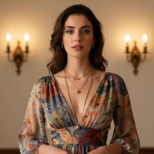 Photograph of a young woman with wavy dark hair, wearing a floral-patterned, deep V-neck dress and gold necklaces, standing in a