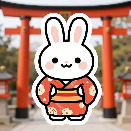 Cute Bunny Sticker in Kimono with Shrine Background