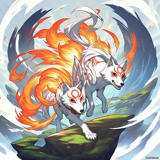 Illustration of Amaterasu (ookami), ookami (game) in the style of Speh