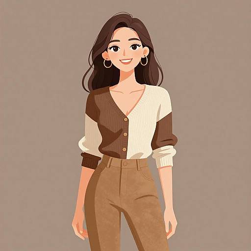Digital illustration of a smiling woman with long black hair, wearing a brown and white cardigan, brown high-waisted pants, and hoop earrings,