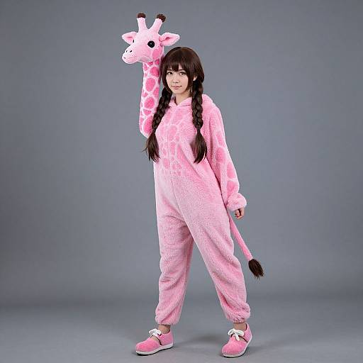 Photograph of a young girl in pink giraffe onesie, matching hat, and pink slippers, standing against a gray backdrop.