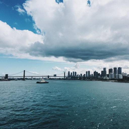 City Skyline with Bridge and Boat on Water