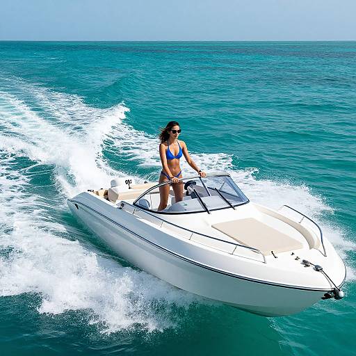 Photograph of a woman with medium skin tone and dark hair, wearing a blue bikini, driving a white speedboat through turquoise ocean waves under a clear