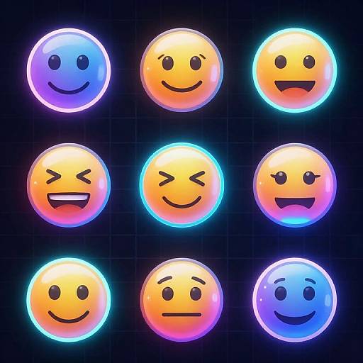 Digital illustration of nine glowing, neon-colored smiley faces in a 3x3 grid, each with unique expressions and vibrant blue, orange, and