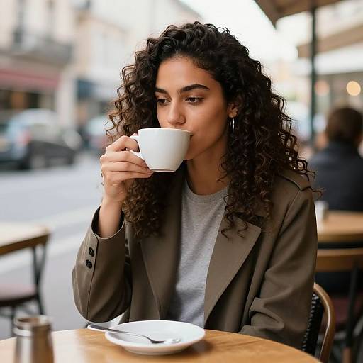 Photograph of a curly-haired woman with olive skin, wearing a gray top and brown blazer, sipping from a white cup at an outdoor café