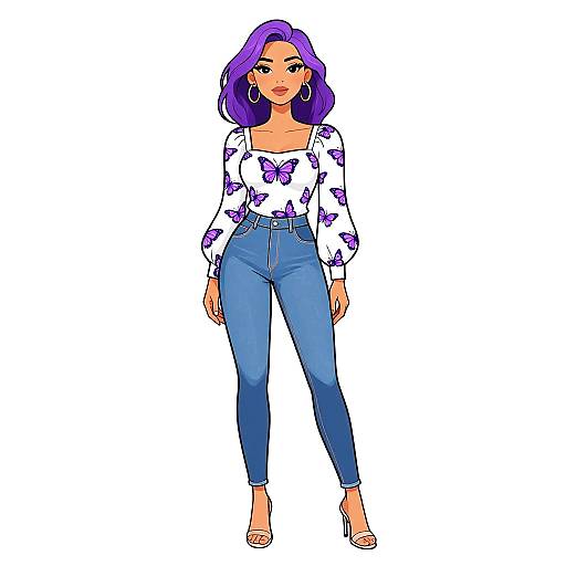 Stylish Woman in Butterfly Print Blouse and High-Waist Jeans