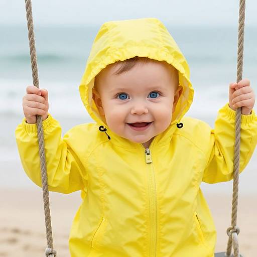 Photograph of a cute, blue-eyed baby with fair skin, wearing a bright yellow hooded raincoat, smiling while holding ropes on a beach swing