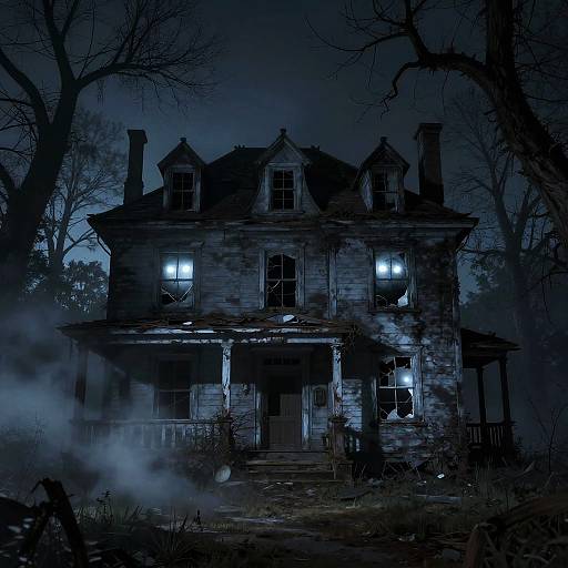 Eerie Abandoned House with Glowing Eyes