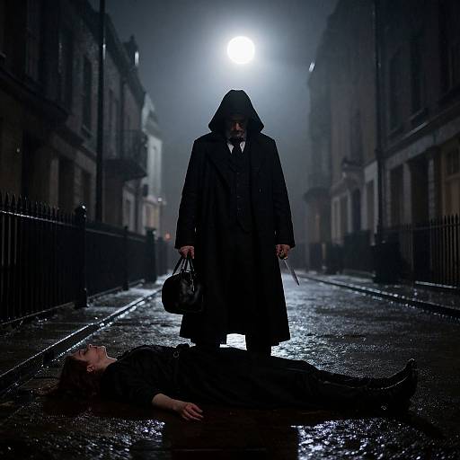 Photograph: Dark, hooded figure stands over lifeless, black-clad man on wet, moonlit street, holding bag, under bright street