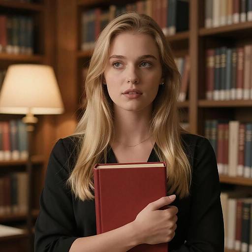Thoughtful Woman in Dim Library