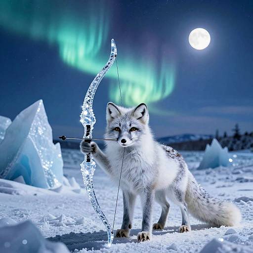 Photograph of a white Arctic fox standing in snow, holding a glowing, ice-formed bow, with green aurora and full moon in a night sky