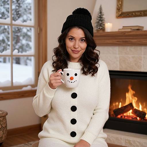 Photograph of a smiling woman with curly brown hair, wearing a black pom-pom hat and white snowman sweater, holding a snowman mug,