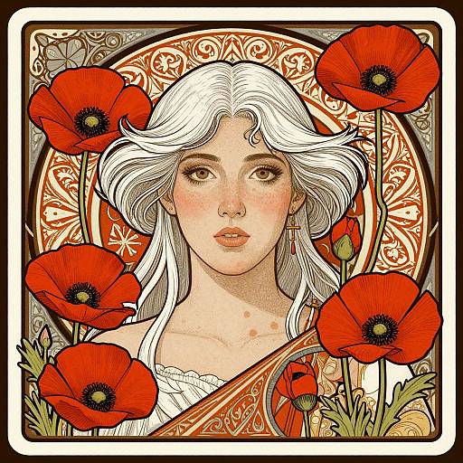 Digital illustration of a white-haired woman with freckled cheeks, surrounded by vibrant red poppies, set against an ornate, circular background.
