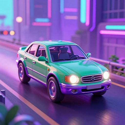 Photorealistic CGI of a neon-lit, mint-green vintage Mercedes coupe driving on a wet, urban street at night, with vibrant blue and purple