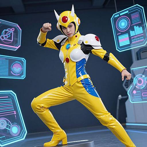 Digital artwork of a male cosplayer in a yellow and white superhero costume with blue accents, neon-lit sci-fi background, striking a dynamic pose with