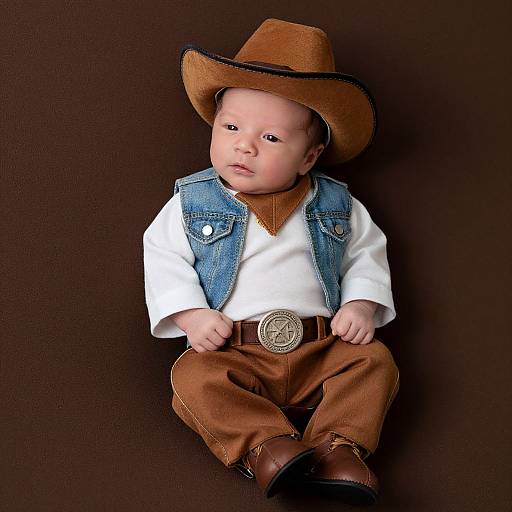 Photograph of a baby in a brown cowboy hat, white shirt, denim vest, brown pants, and brown boots, against a dark brown background.