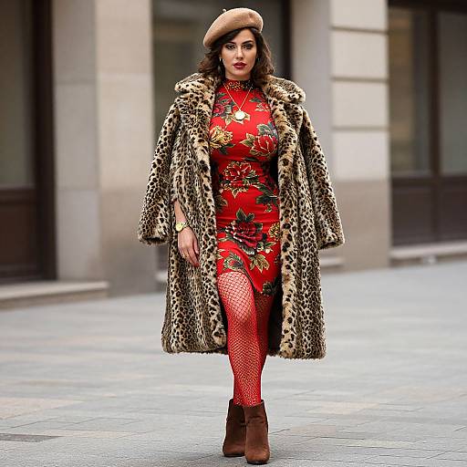 Photograph of a curvy woman with medium skin tone, wearing a red floral dress, leopard fur coat, fishnet stockings, brown boots, beige