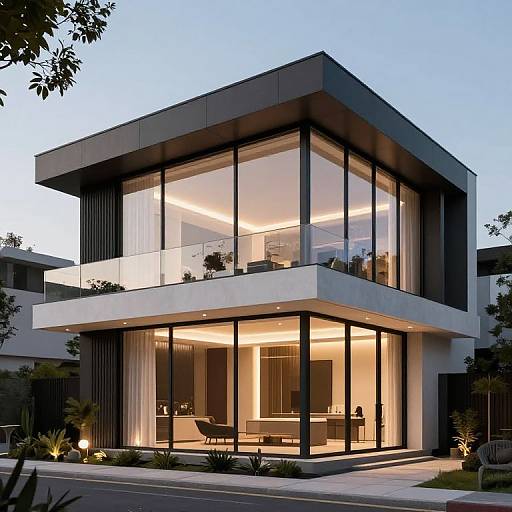 Photograph of a modern, two-story house with large, floor-to-ceiling glass windows, illuminated interior, and flat roof, set against a twilight