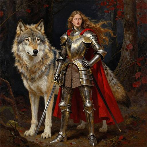 Digital painting of a long-haired, fair-skinned knight in silver armor and red cape, standing with a majestic wolf in a dark forest.